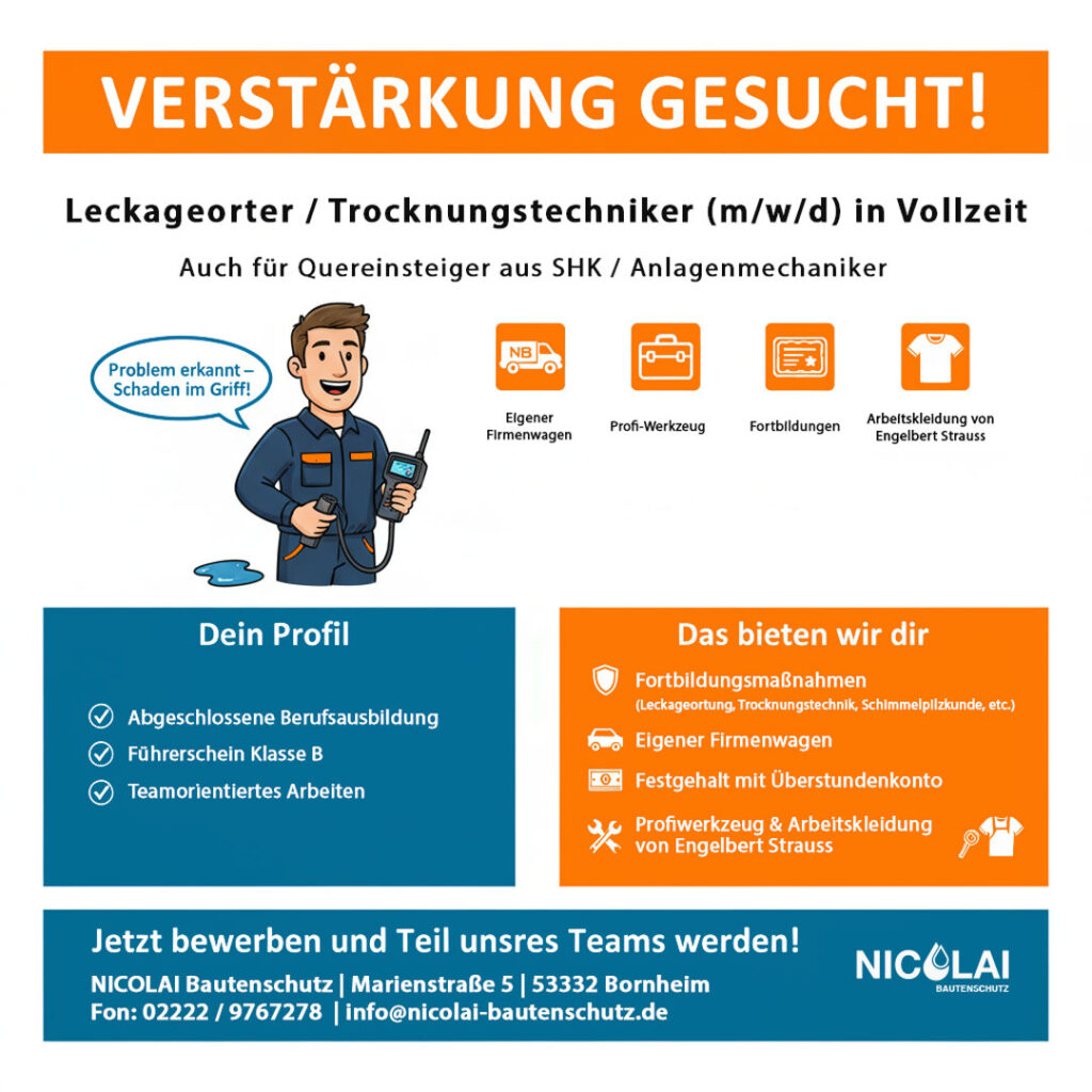 Stellenausschreibung, Jobangebot, Jobs, freie Stelle, Leckageorter, Trocknungstechniker